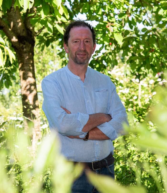 Man in tuin met groene bladeren en zonlicht, milieuvriendelijk en duurzaam leven.