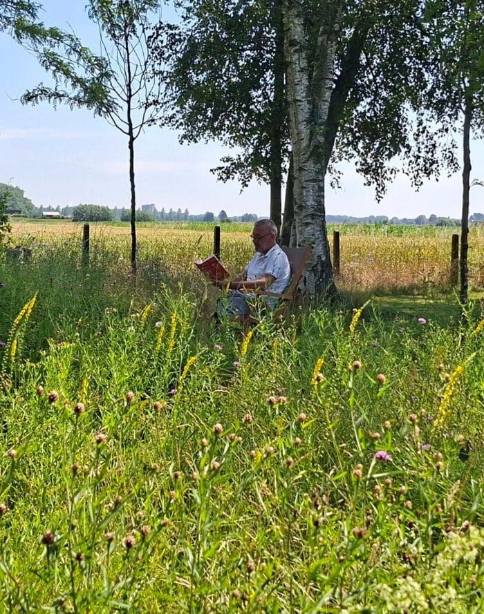 Man leest een boek onder een boom in een groene veldomgeving.